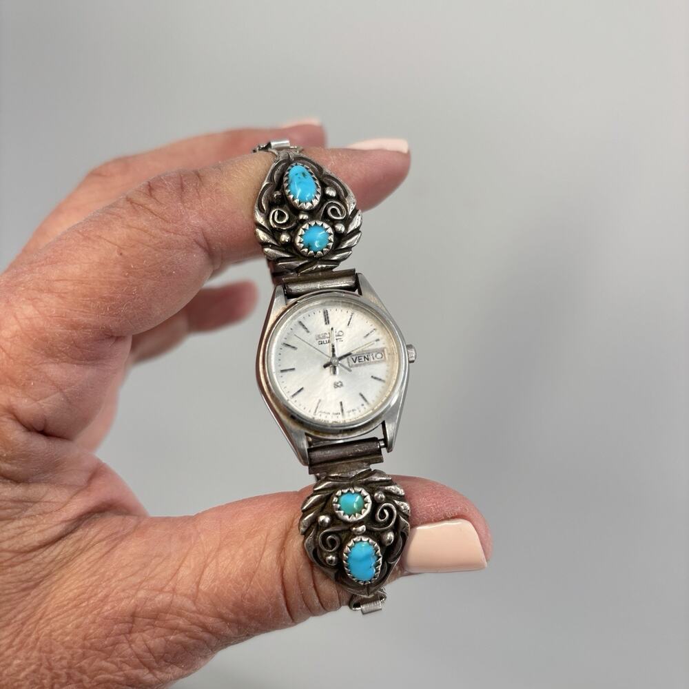 Vtg Seiko Quartz Watch Sterling Silver Turquoise Watch Tips Southwestern Navajo - Picture 6 of 13